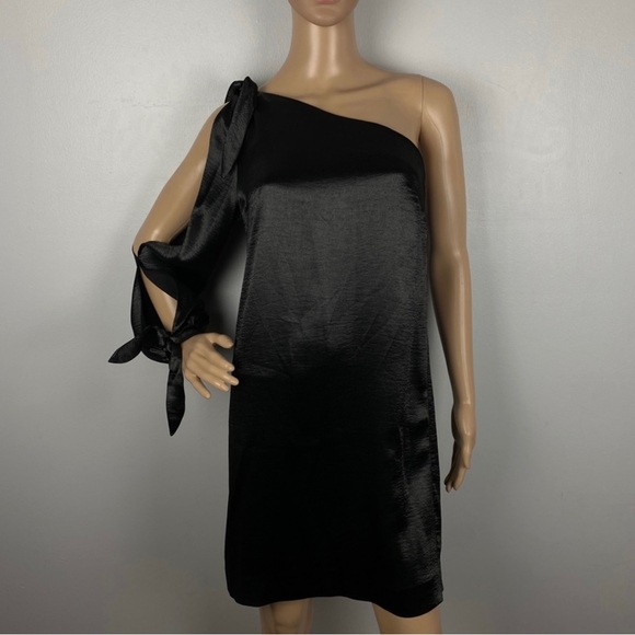 REBECCA MINKOFF REVOLVE BLACK SATIN ONE-SHOULDER MINI DRESS - Picture 2 of 9